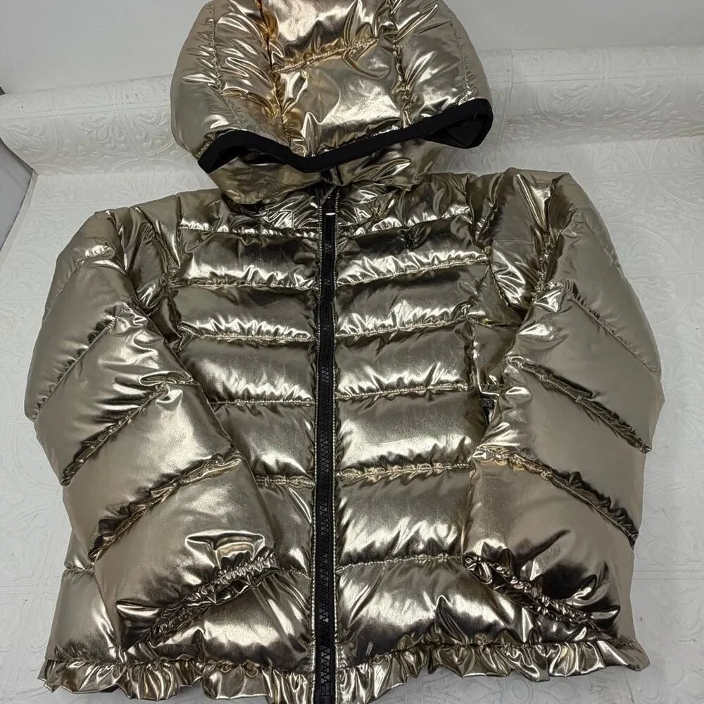 Ralph Lauren Gold Metallic Full Zip Hooded Winter Puffer Jacket Size 6